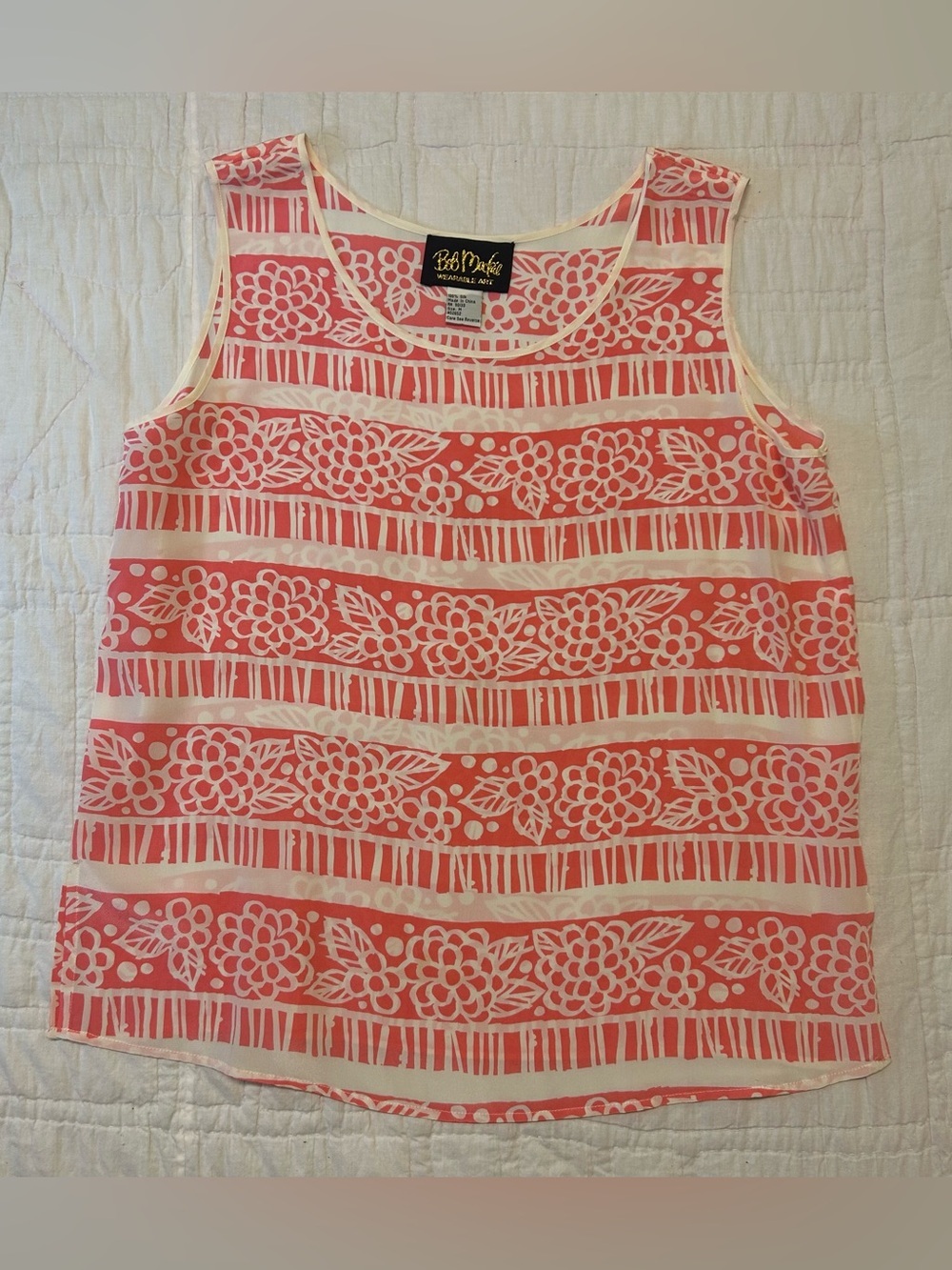 Bob Mackie Wearable Art 100% Silk Camp Shirt Tank Coral M Floral Coastal Boho